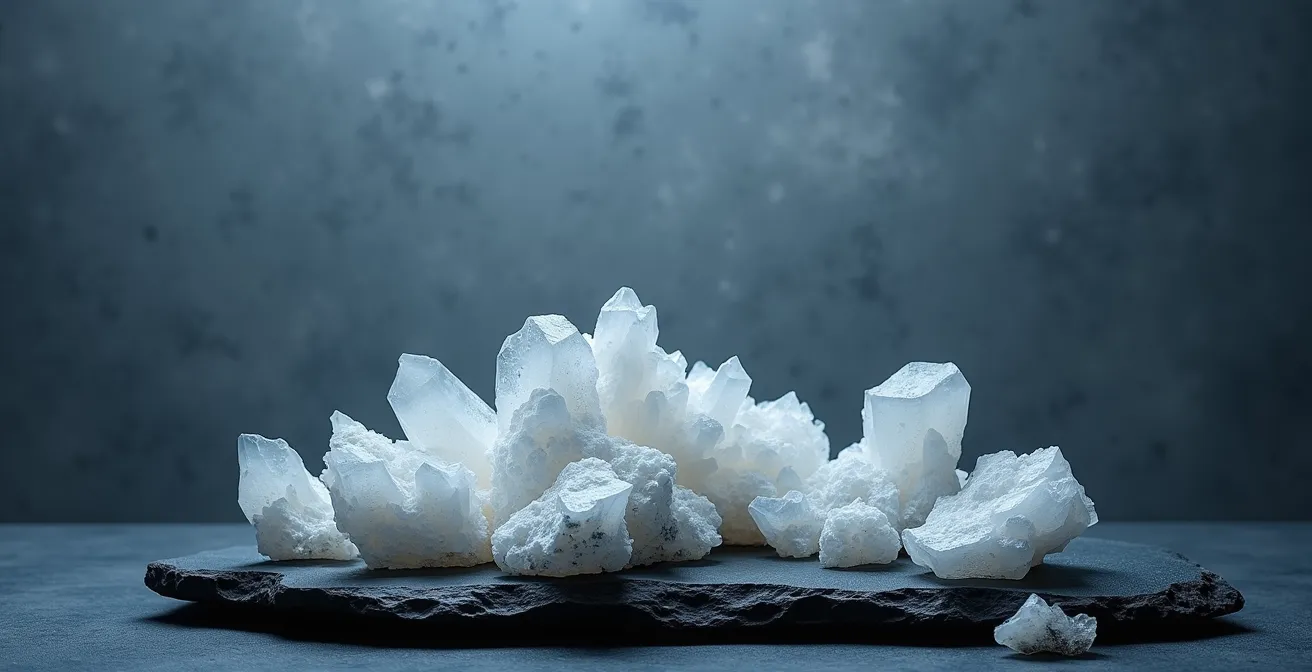 Cristaux de magnésium marin sur fond naturel évoquant l'origine marine